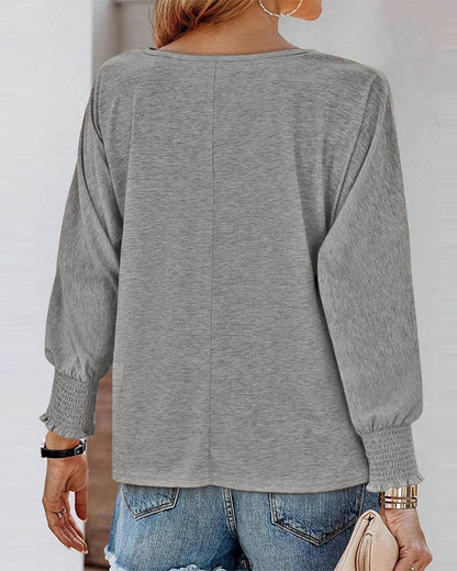 Round Neck Shirred Lantern Sleeve Long Sleeve Softy Basic T-Shirt Casual Tee