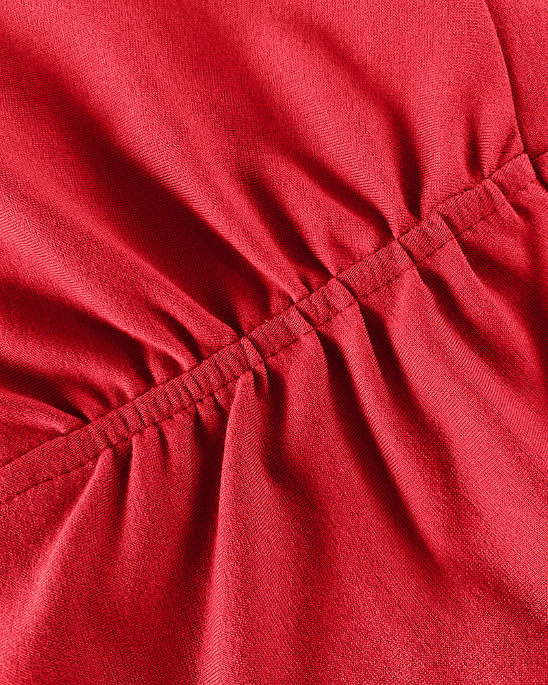 3D Flower Decor Round Neck Puff Sleeve Bodycon Dress Casual Ruched Slit Zipper Back Work Dress