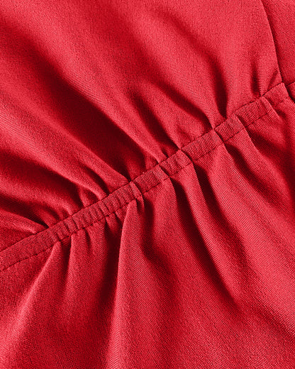 3D Flower Decor Round Neck Puff Sleeve Bodycon Dress Casual Ruched Slit Zipper Back Work Dress