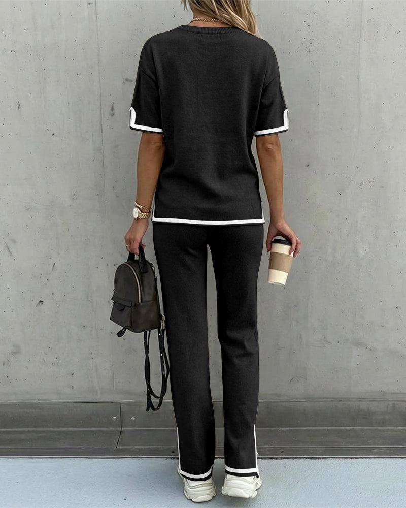 2 Pieces Outfit Round Neck Short Sleeve High-Low Hem Top and Elastic Waist Straight Leg Pants Set Casual Contrast Paneled Side Slit Knit Loungewear Set