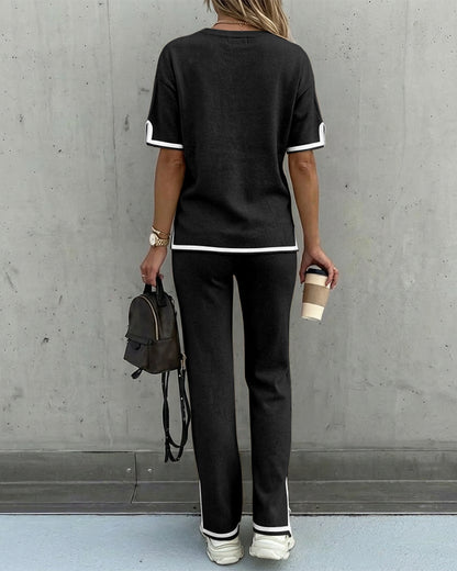 2 Pieces Outfit Round Neck Short Sleeve High-Low Hem Top and Elastic Waist Straight Leg Pants Set Casual Contrast Paneled Side Slit Knit Loungewear Set