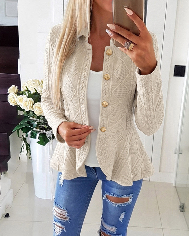 Chicme Women's Argyle Cable Knit Jacket Elegant Lapel Collar Gold Button Down Cardigan Ruffle Hem Long Sleeve Coat