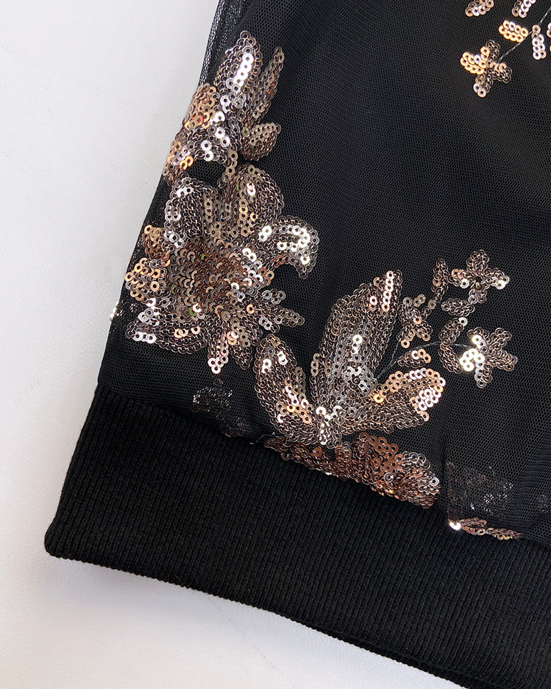 Floral Pattern Baseball Collar Long Sleeve Coat Contrast Sequin Zip Up Jacket