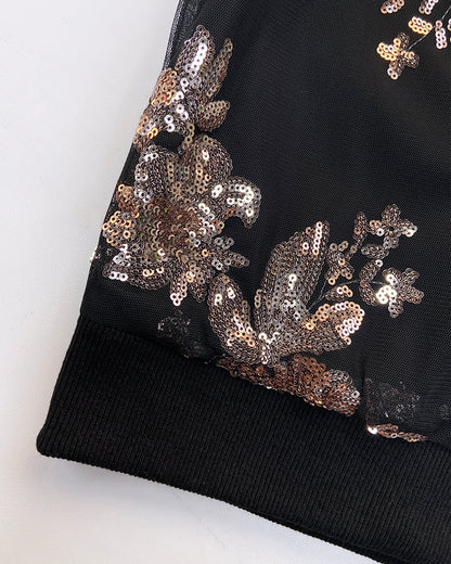 Floral Pattern Baseball Collar Long Sleeve Coat Contrast Sequin Zip Up Jacket