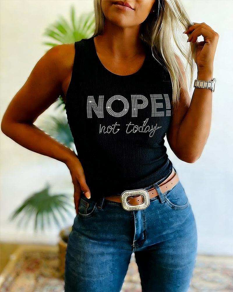 Women's Rhinestone Letter Pattern Ribbed Tank Top Slim Fit Sleeveless Top Y2K Aesthetic Streetwear Vest
