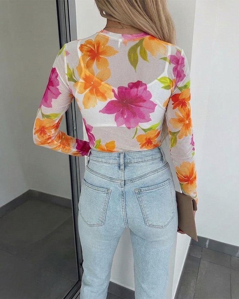 Women's Floral Print Sheer Mesh Top Long Sleeve Slim Fit Crewneck Layering Top with Thumb Hole Cuffs