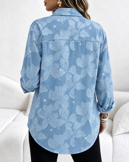 Women's Rhinestone Floral Jacquard Lapel Loose Casual Shirt Button Front Denim Look Top