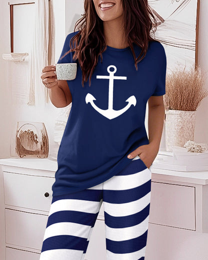 2 Pieces Outfit Anchor Pattern Short Sleeve Top and Striped Elastic Waist Pants Set Casual Pajamas Set