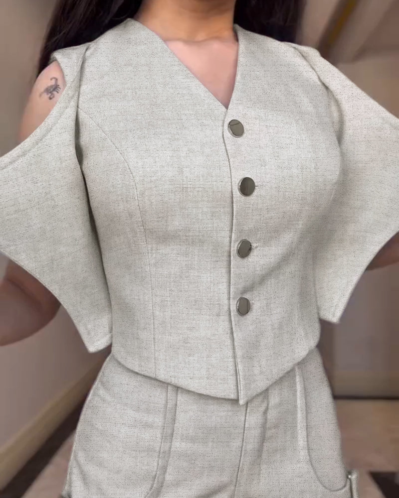 2 Pieces Outfit Sleeveless Button Front Buckle Design Vest and Casual High Waist Slim Fit Pants Set