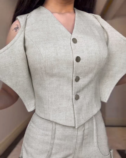 2 Pieces Outfit Sleeveless Button Front Buckle Design Vest and Casual High Waist Slim Fit Pants Set