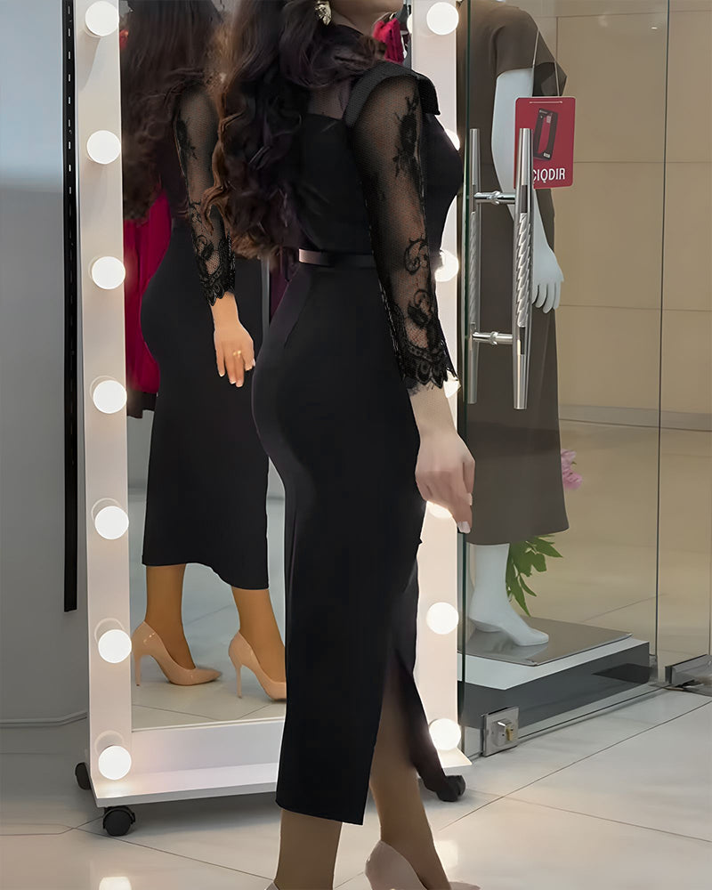 High Neck Long Sleeve Lace Pattern Mesh Patchwork Chic Zipper Mid-Calf Dress