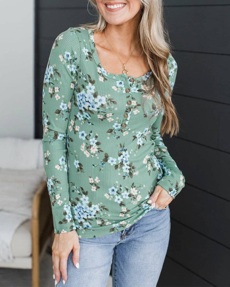 Top de canalé para mujer con estampado de flores pequeñas, cuello henley y manga larga