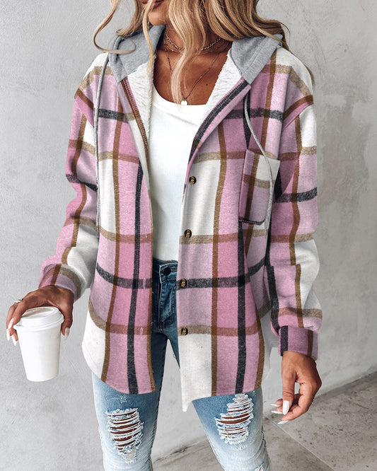 Plaid Print Long Sleeve Button Front Drawstring Hoodie Coat Casual Pocket Design Thermal Lined Shirt Coat