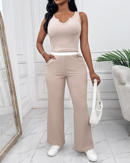 2 Piece Outfits Notch Neck Sleeveless Top Stretchy Waist Straight Leg Pants Lounge Sets Tracksuit