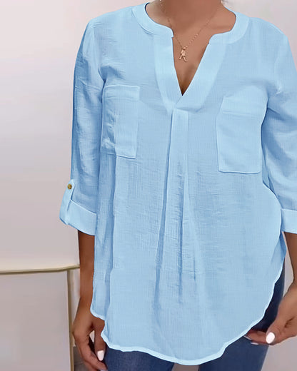 V-Neck Roll Up Sleeve Back Button Blouse Casual Top with Pocket