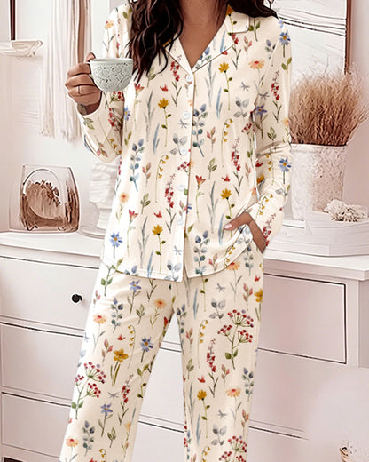 Women's Ditsy Floral Pajamas Set Long Sleeve Button Down Notched Collar Top and Straight Leg Pants Casual Sleepwear
