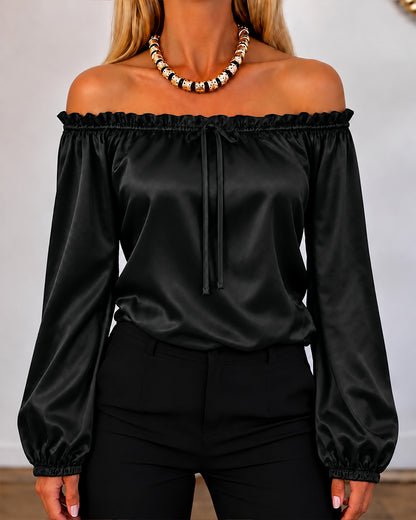 Women's Off Shoulder Satin Frill Trim Tie Front Lantern Sleeve Top