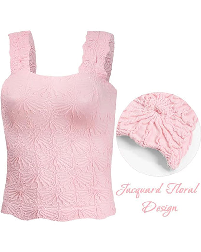 Floral Jacquard Square Neck Thick Strap Crop Tank Casual Sleeveless Top