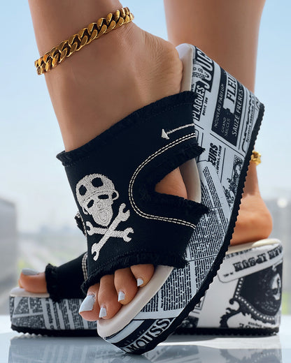 Newspaper Buckled Denim Wedge Slippers