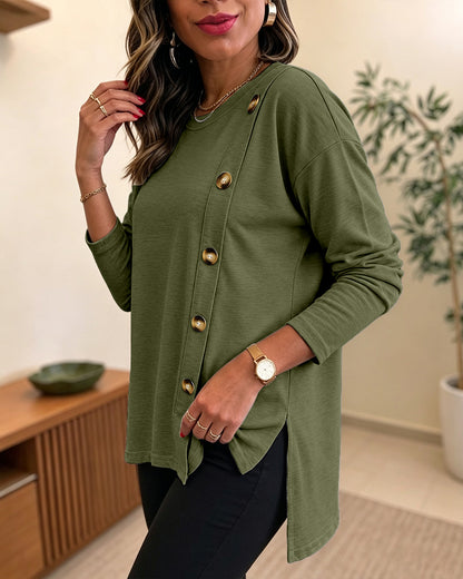 Women's Side Button Detail High-Low Split Hem Loose Tee Drop Shoulder Casual Top