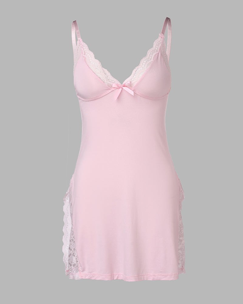 Lace Trim Adjustable Straps Side Slit Bowknot Decor Modal Cami Sleep Dress