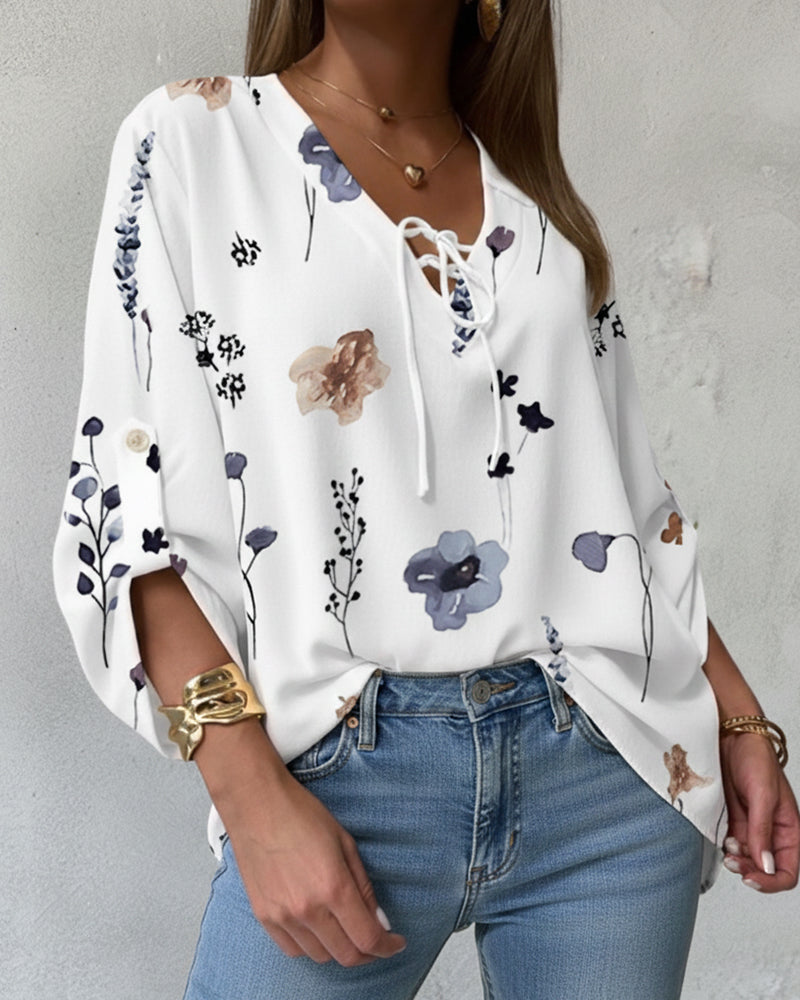 Watercolor Floral Print V-Neck Roll Up Sleeve Tie Front Blouse Casual Loose Fit Top