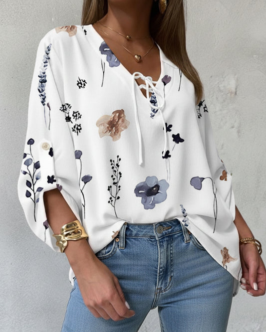 Watercolor Floral Print V-Neck Roll Up Sleeve Tie Front Blouse Casual Loose Fit Top