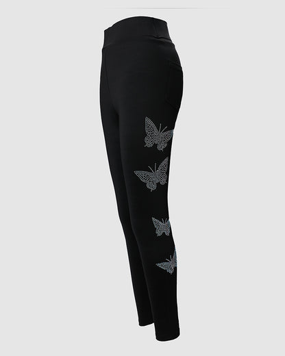Rhinestone Butterfly Pattern High Waist Skinny Pants