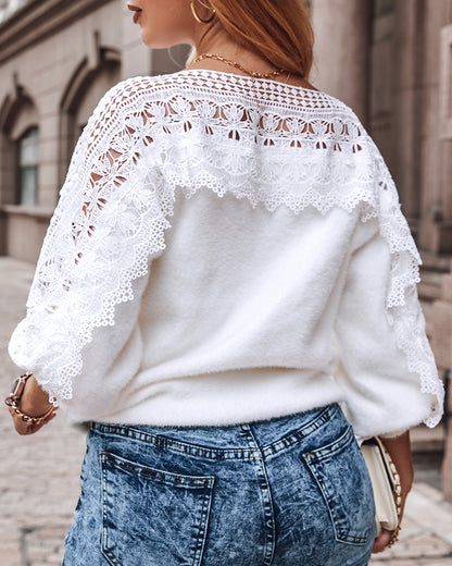 Crewneck Guipure Lace Long Sleeve Hollow Out Knit Sweaters Pullover Tops