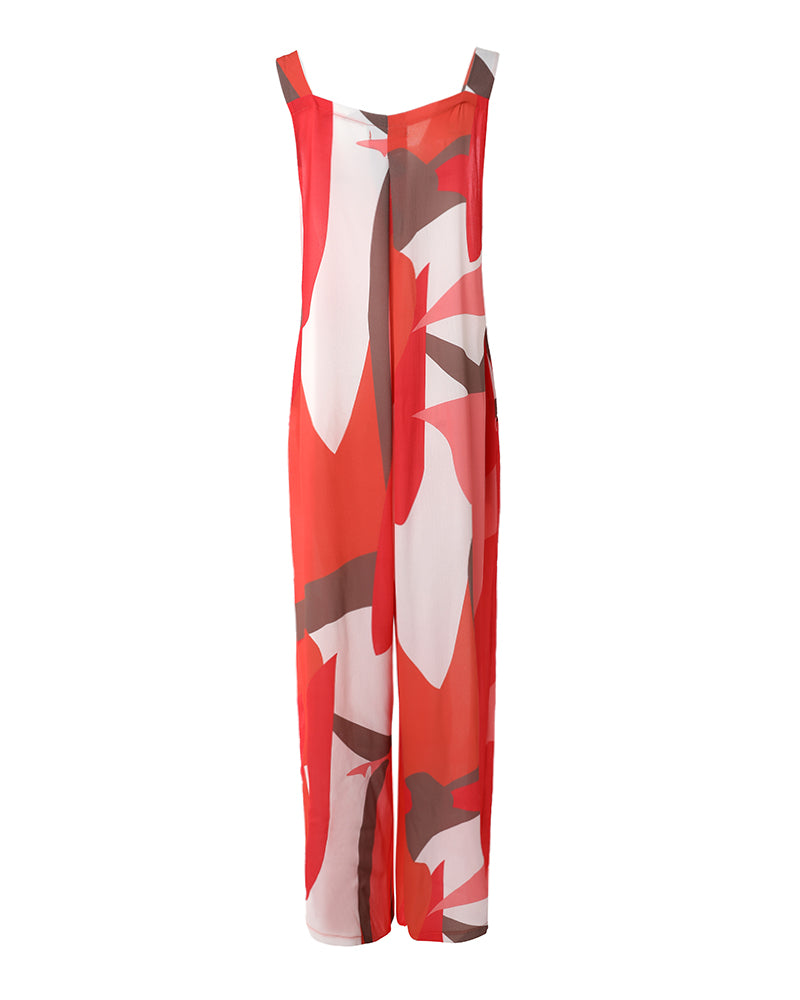 Geo Print Wide Leg Suspender Jumpsuit