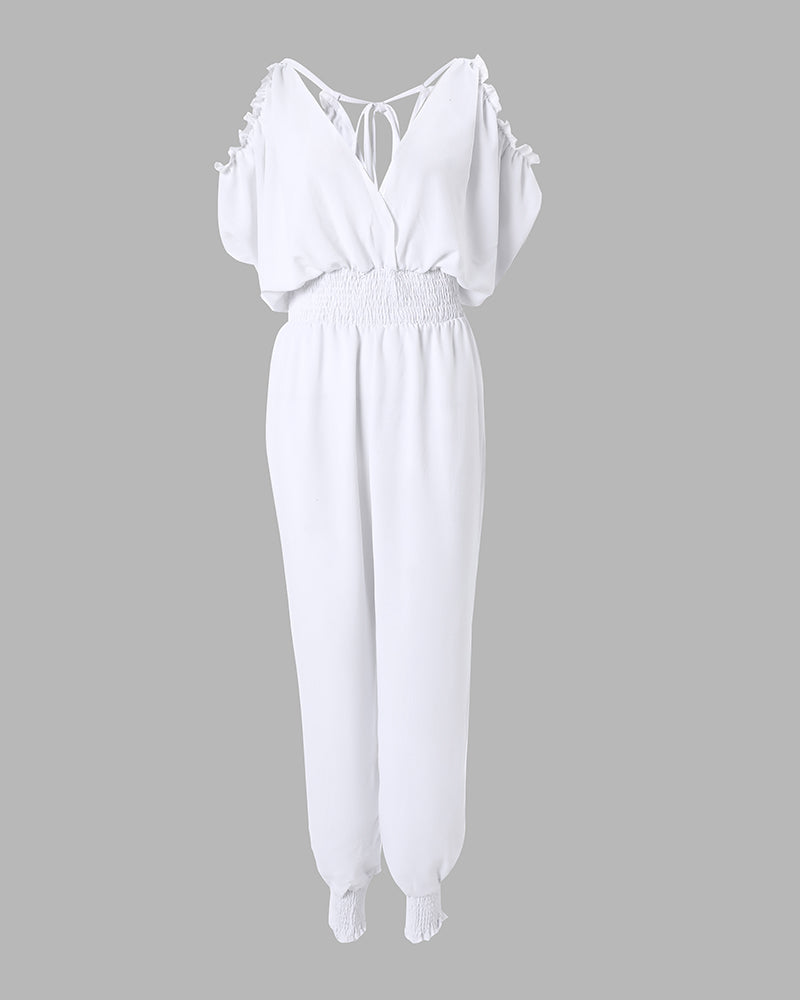 Women's Cold Shoulder Jumpsuit Surplice V Neck Shirred Waist Overalls Casual Frill Trim Tied Detail Hollow Out Jumpsuit