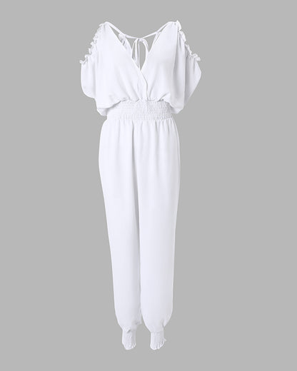Women's Cold Shoulder Jumpsuit Surplice V Neck Shirred Waist Overalls Casual Frill Trim Tied Detail Hollow Out Jumpsuit