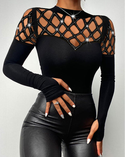 Rhinestone Hollow Out Cold Shoulder Long Sleeve Top Casual Tee