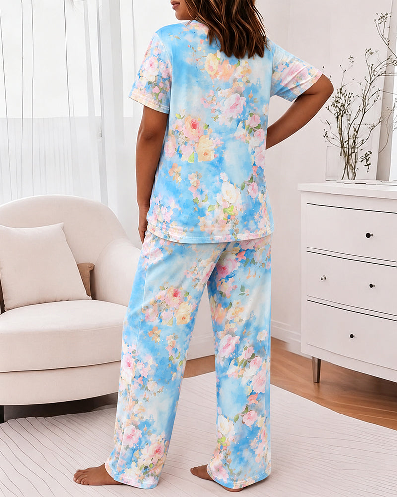 Women's Watercolor Floral 2 Piece Pajama Set Short Sleeve Top and High Waisted Pants Casual Loungewear with Pockets