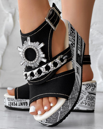 Newspaper Rhinestone Gear Pattern Slingback Platform Wedge Sandals