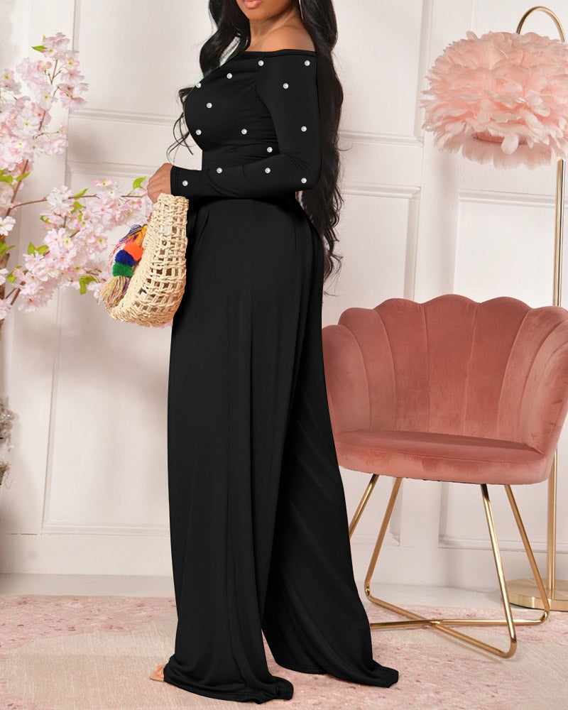 Pearls Decor Skew Neck Long Sleeve Cinched Waist Overalls Casual Ruched Zipper Back Wide Leg Jumpsuit