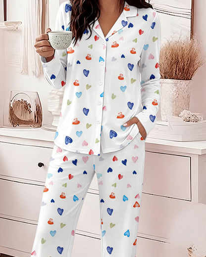 Women's Colorful Heart Print 2 Piece Pajama Set Long Sleeve Button Down Top and High Waisted Pants Casual Lounge Sets