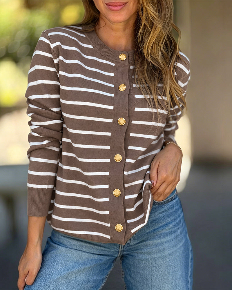 Women's Striped Knit Cardigan Casual Crewneck Button Down Sweater Vintage French Style Long Sleeve Top