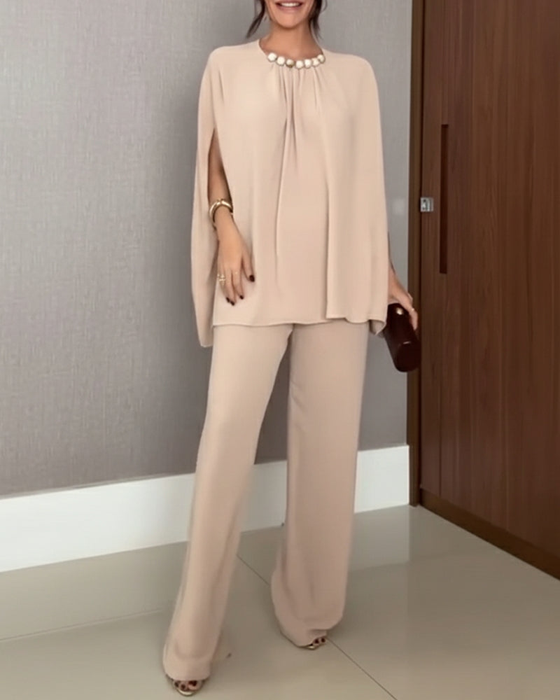 2 Pieces Outfit Elegant Pearl Embellished Split Sleeve Top and Casual Wide Leg Pants Set