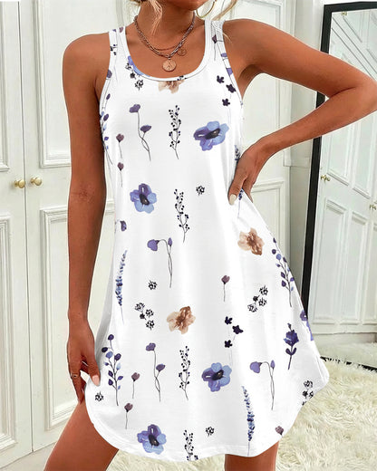 Allover Watercolor Floral Print U-Neck Sleeveless Curved Hem Dress Casual Racerback Loungewear Dress