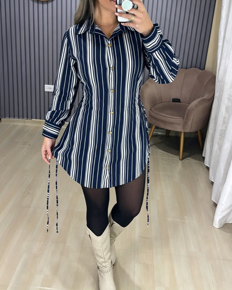 Women's Striped Shirt Dress Button Down Long Sleeve Shirred Waist Casual Dress