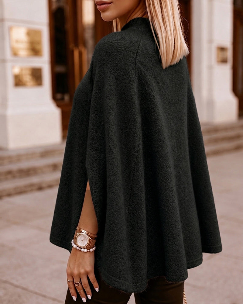 Suéter de punto holgado para mujer con cuello alto simulado, estilo «old money», capa, abertura lateral y mangas murciélago, cálido y acogedor para invierno