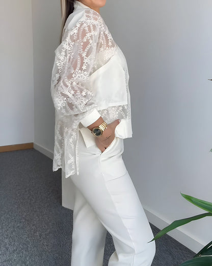 Floral Lace Embroidered Mesh Patchwork High-Low Hem Baseball Coat Casual Side Slit Zip Up Bomber Jacket