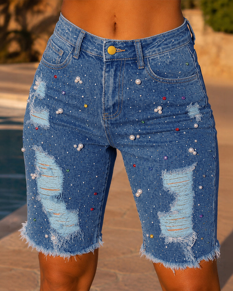 Pantalones cortos vaqueros Bermuda de mujer estilo Y2K con pedrería y perlas, rotos, con dobladillo sin rematar, efecto desgastado y adornos coloridos