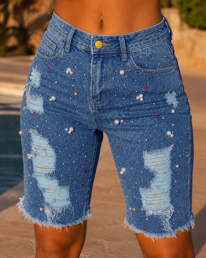 Pantalones cortos vaqueros Bermuda de mujer estilo Y2K con pedrería y perlas, rotos, con dobladillo sin rematar, efecto desgastado y adornos coloridos