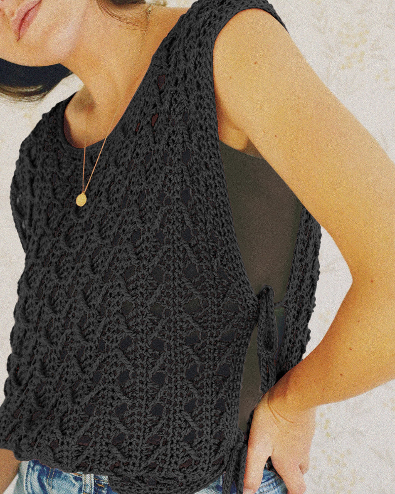 Round Neck Sleeveless Hollow-out Crochet Sweater Casual Tie Side Breathable Crop Top