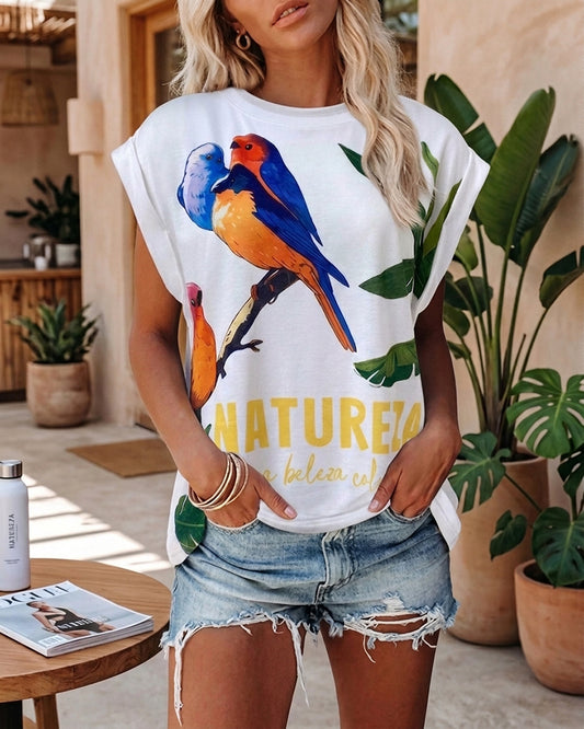 Tropical Animal & Plants Letter Print O-neck Short Sleeve Tee Casual Rolled Cuffs Top