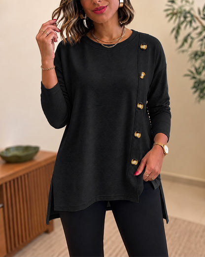 Women's Side Button Detail High-Low Split Hem Loose Tee Drop Shoulder Casual Top
