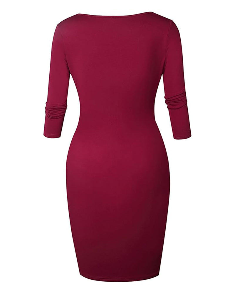 Square Neck Half Sleeves Bodycon Dress Full Front Zip Split Midi Dress