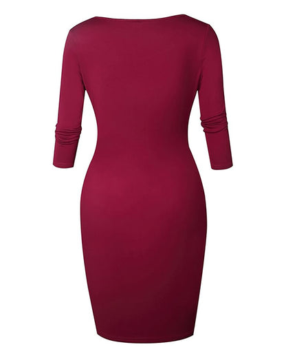 Square Neck Half Sleeves Bodycon Dress Full Front Zip Split Midi Dress